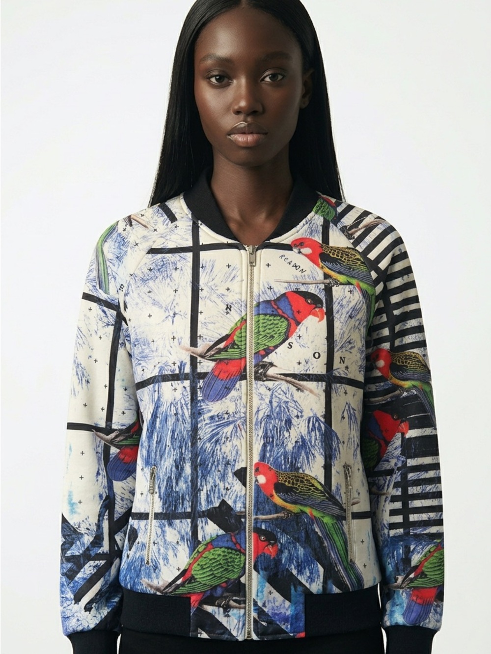 Printed Parrot Bomber Jacket - White with Multicolor Parrot Print